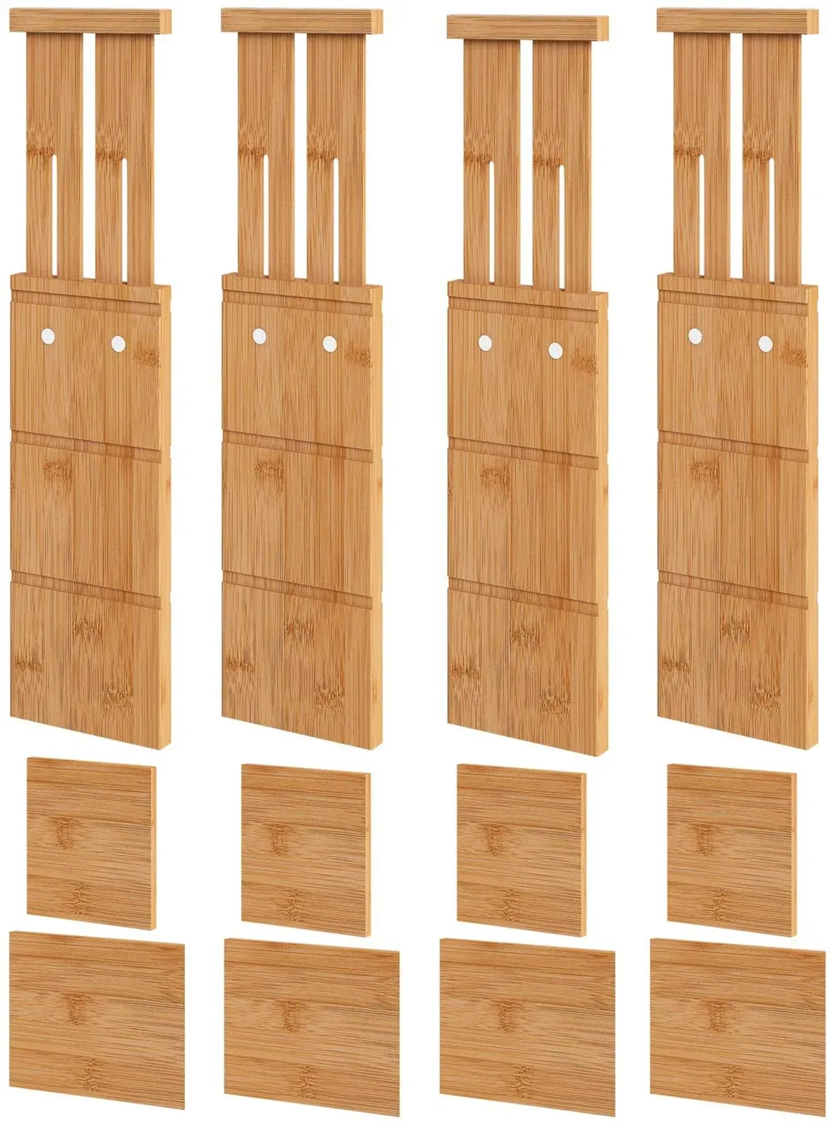 4.4" High Drawer Dividers with Inserts, Bamboo Drawer Dividers for Clothes, Expandable from 12-17.5", Adjustable drawer organizer for Bedroom, Kitchen & Office, 4 Dividers with 8 Insert.