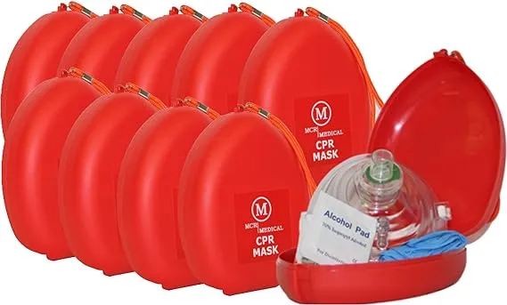 MCR Medical Pack of 10 CPR Rescue Mask, Adult/Child Pocket Resuscitator, Hard Case with Wrist Strap