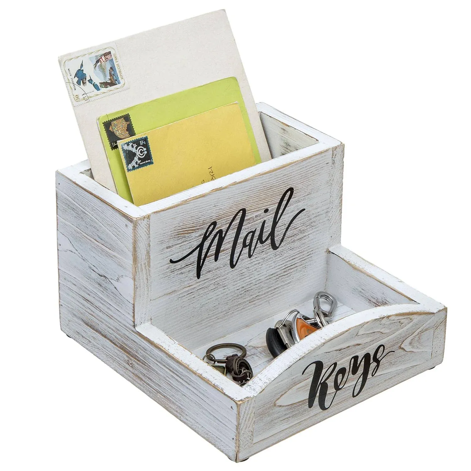 White Wood Mail Holder and Key Organizer Entryway Storage Tray, Desktop Holder