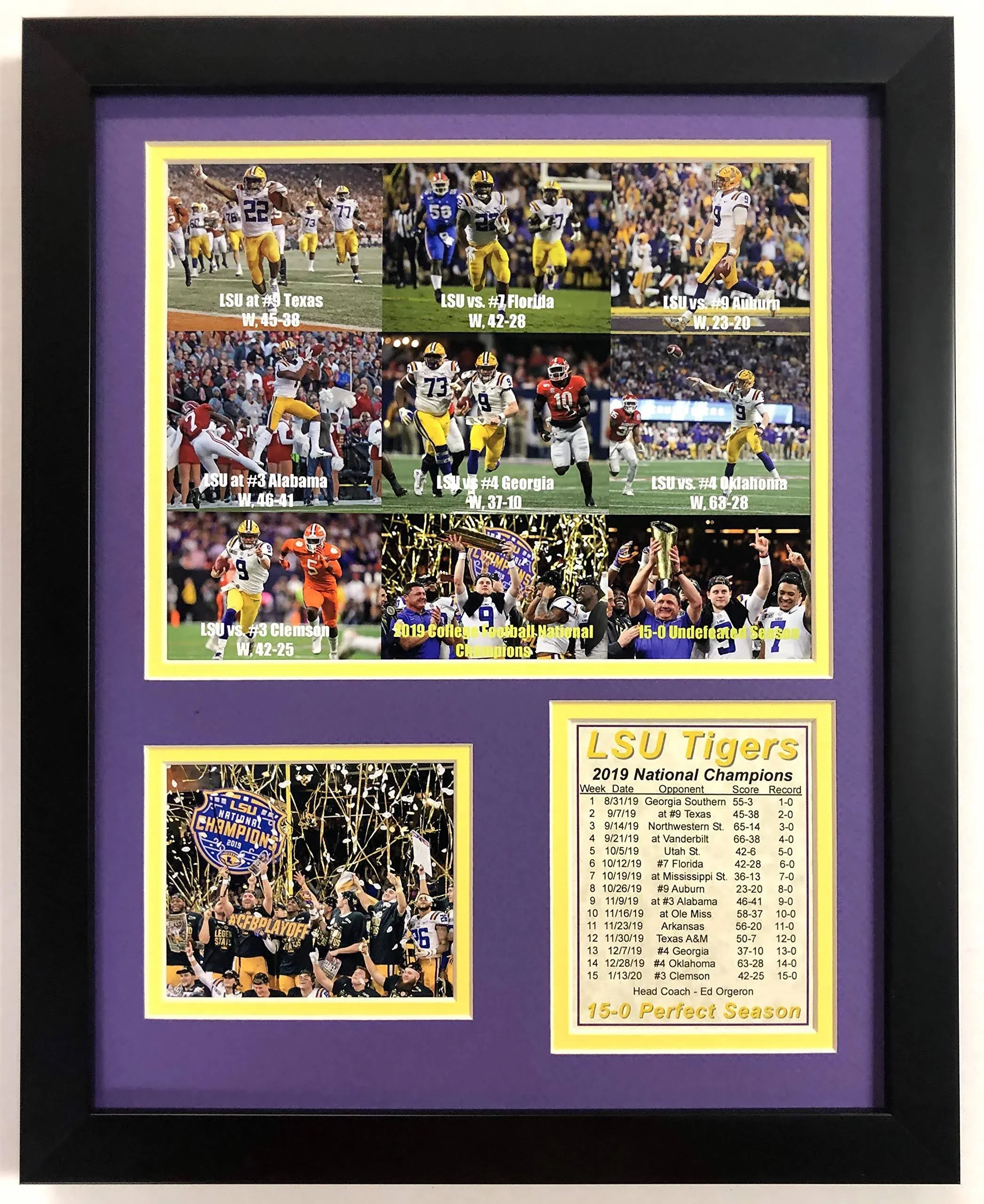 2019 LSU Tigers CFP National Champions - Wins Versus Ranked Opponents Perfect Season - Framed 12"x15" Double Matted Photos