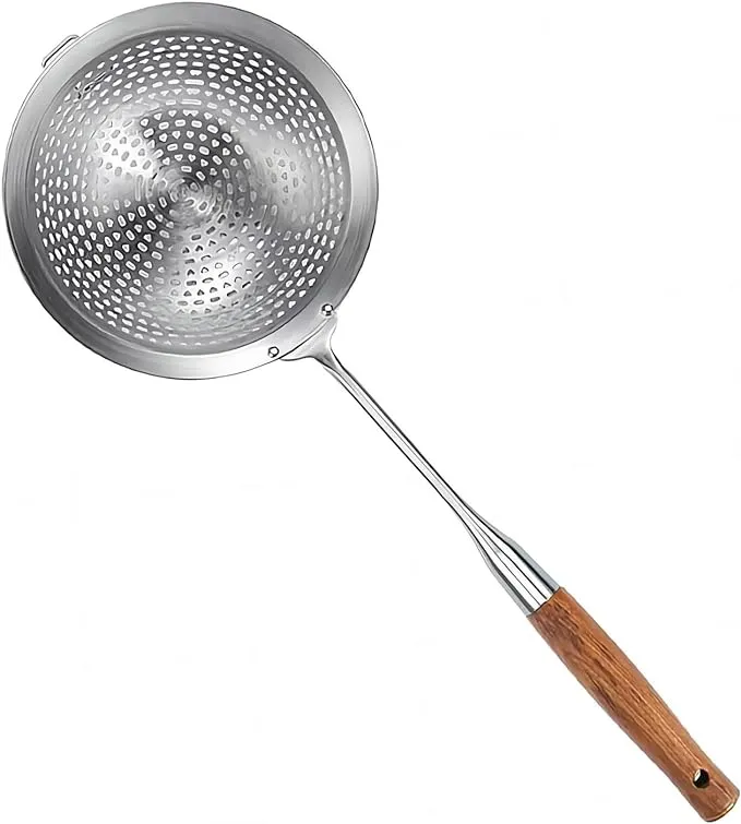 GREATLINK Large Strainer Skimmer Ladle, 304 Stainless Steel Skimmer Spoon Deepen Spider Strainer Kitchen Cooking Colander Spoon Utensil with Wooden Long Handle for Cooking, Draining, Frying, 18.5 Inch