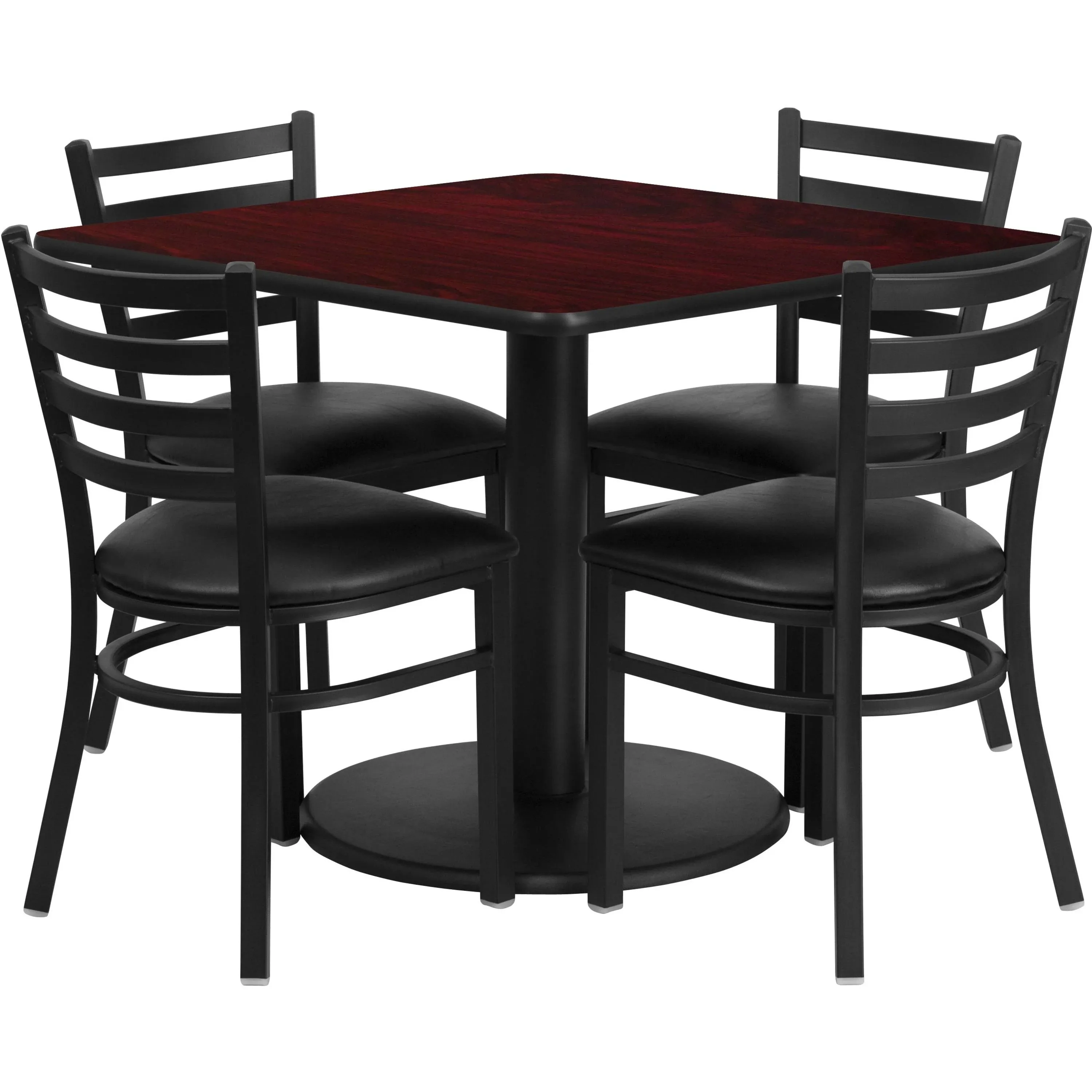 "Jamie 36'' Square Natural Laminate Table Set with Round Base and 4 Ladder Back Metal Chairs - Black Vinyl Seat"