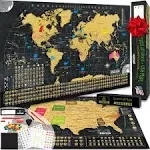 Scratch Off World Map Poster - 17x24 Inches - Bonus United States Map. Detailed Outlined States, flags/capitals/populations/landmarks/monuments/time