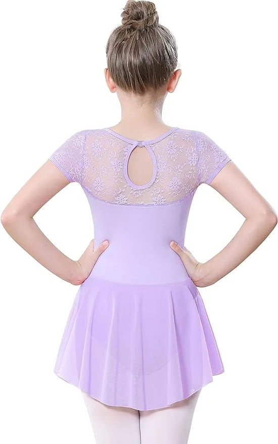 Girls Dance Ballet Leotard with Skirt,Lace Sleeves Ballerina Gymnastics Outfit