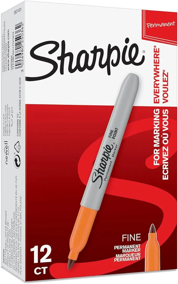 Sharpie Permanent Markers, Fine Point, Orange, Box of 12