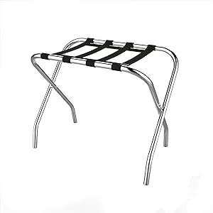 Lavish Home Chrome Luggage Rack and Suitcase Stand-Durable Folding Bag Holder with Black Nylon Straps, 26" L x 14.9" W x 21.1" H