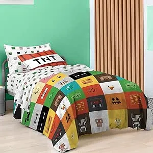 Saturday Park Minecraft Iconic Queen Bed Set Features Creeper, Alex & Steve - 7 Piece 100% Organic Cotton Bedding - GOTS & Oeko-TEX Certified (Minecraft Official)