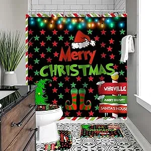 4 Pcs Merry Christmas Bathroom Sets with Shower Curtain Rugs and Accessories