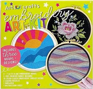 Art 101 Crafts Embroidery Art Kit with 3 Embroidery Hoops and Designs, One Size, Multiple Colors