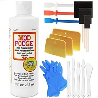 Mod Podge Photo Transfer Medium (8-Ounce), Pixiss Accessory Kit with Glue Spreaders, Gloves, Brushes, Palette Knife Set