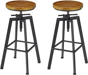 Vintage Adjustable Bar Stools Set of 2, Height Ranges from 24.8 to 30.8 inch, Natural Wood Seat and Heavy Metal Frame Rustic Industrial Swivel Bar Stools