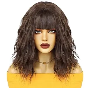 Anogol Wig Cap+Short Brown Wig with Bangs Lob Wigs Short Brown Cosplay Wig Sy...