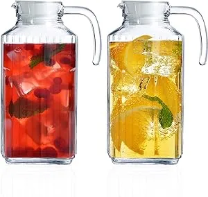 Glass Pitcher with Lid – Set of 2 Glass Water Pitcher 55Oz – Cold Carafe for Ice Tea, Water, Lemonade, Coffee – Elegant and Modern – Practical Spout Pitchers for Drinks