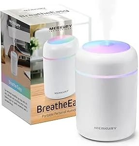 Merkury Innovations Breathe Easy Portable Personal Humidifier, USB Powered, Night Light, Timer Included, For Allergies, Dry Skin and Improved Sleep, White