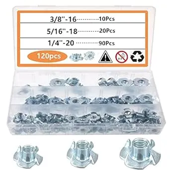 T-Nuts(120 Pack),Tee Nut 1/4"-20,5/16"-18, 3/8"-16,Pronged Tee Nut, T Nut 4 Prong Tee Blind Nuts for Wood, Rock Climbing Holds, Cabinetry (total120 Pack)