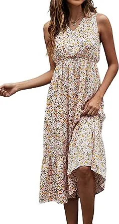 Beachsissi Women's Floral Print Dresses V Neck Ruffle Hem Sleeveless Dress