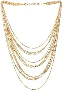 COOLSTEELANDBEYOND Waterfall Multi-Strand Chains Statement Collar Necklace with Rhinestones Chains, Dress