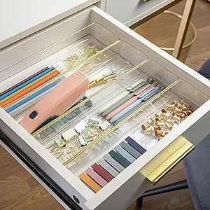 Martha Stewart Kerry Plastic Stackable Office Desk Drawer Organizers, 9" x 3", 8 Pack, with Gold Trim