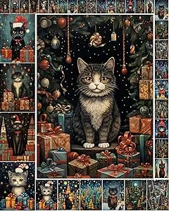 Decoupage Paper Pack (35 Sheets 6"x8") Cute Christmas Cats in Wintery Forest Villages FLONZ Vintage Illustration Pictures Cards for Decoupage, Craft and Scrapbooking