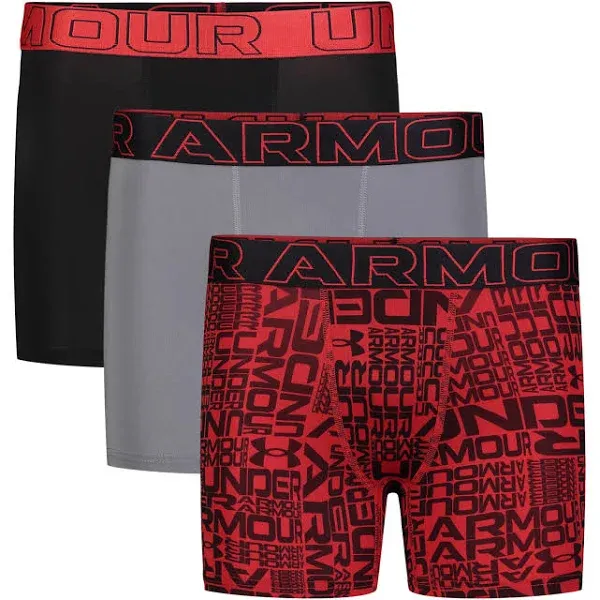 Boys' Under Armour Performance Tech Boxer Briefs Underwear 3 Pack Small Steel