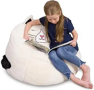 Posh Creations Cute Soft and Comfy Bean Bag Chair for Kids, Large, Animal - Ivory Cat