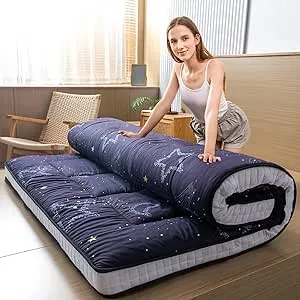 MAXYOYO Black Moon and Star Futon Mattress, Japanese Floor Mattress Quilted Bed Mattress Topper, Extra Thick Folding Sleeping Pad Breathable Floor Lounger Guest Bed for Camping Couch, Full