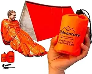 Emergency Sleeping Bag & Tent Shelter, Combo Prepper kit Survival Tent, Includes Bivy Sack Tent, Sleeping Bag, Fire Starter + Whistle, Mylar Thermal Adventure Supply Co.