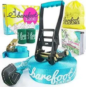 Barefoot Slackline Kit 60ft (18m) Complete Set Including, Ratchet, Training Line ...