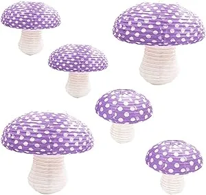 6Pcs Big Size Purple Hanging Mushroom Paper Lanterns for Forest Jungle Wonderland Themed Birthday Party Decor 3D Mushroom Ornament Backdrop for Fairy Baby Shower Nursery Garden Wedding Décor