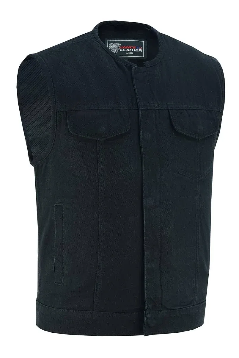 "Men's Black Denim Collarless Club Vest with Conceal Carry Pockets"