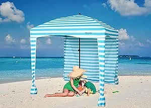 Beach Tent Beach Canopy Beach Cabana with One Side Detachable Cover Large Space 6ftx6ft Waterproof and UPF UV 50+++ Sun Protection for Beach, Lake, Outdoor Camping Beach Umbrella (Blue Stripe)