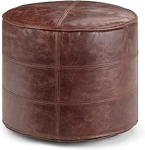 Simpli Home Connor Genuine Leather Round Pouf in Distressed Brown