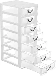 Rempry 7.1"x5.1"x13.2" Mini Organizer Box Storage Container Case with 7 Clear Desktop Drawer Units,White