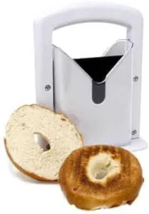 Bagel Slicer, Perfect for Bagels, Cutter, Safety Handle, Stainless Steel (white), 6.8x3.7x8.8inch-White Plastic and Stainless Steel Bagel Slicer Guillotine slicer