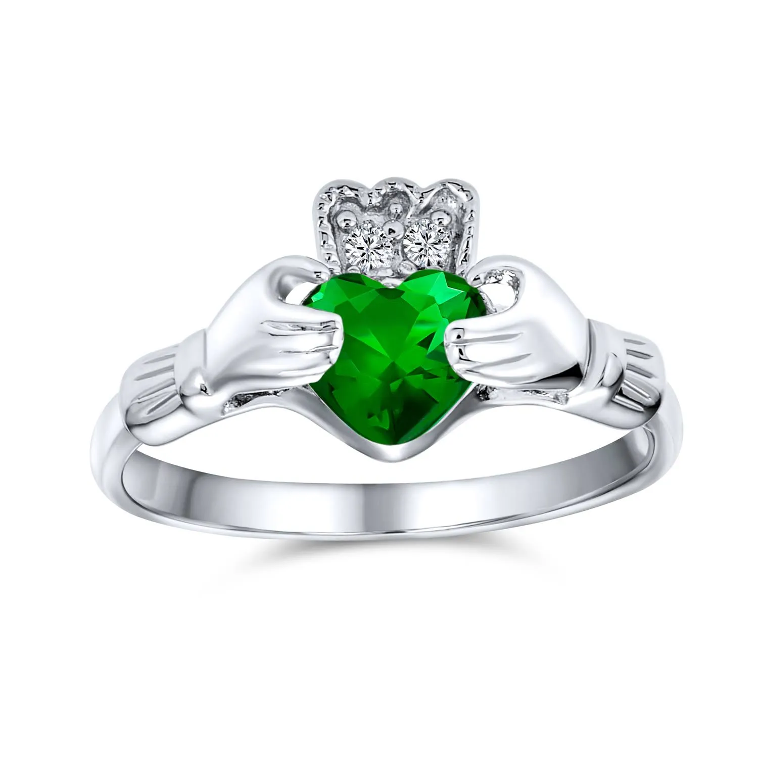 BFF Celtic Irish Friendship Promise CZ Green Simulated Emerald Heart Claddagh Ring for Women 925 Sterling Silver