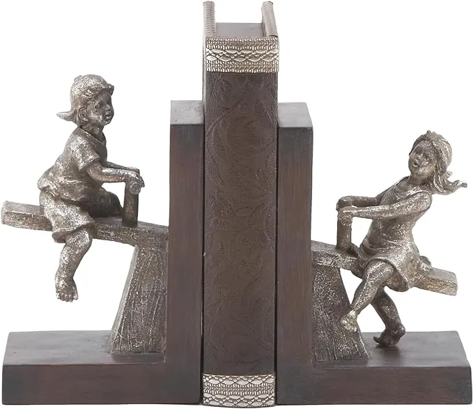 Deco 79 Polystone People Bookends with Swing Set, Set of 2 4"W, 8"H, Brown