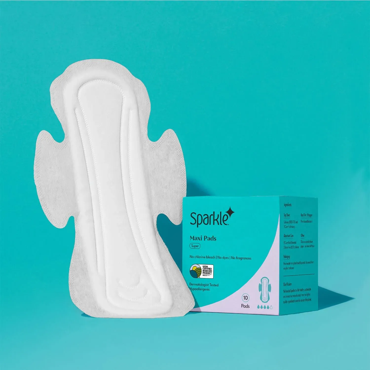 Sparkle Super-Soft Maxi Pads, Plant-Based Ingredients, USDA Certified Biobased, Unscented, Chlorine Free, Superior Absorbency (Super, 10 Count)