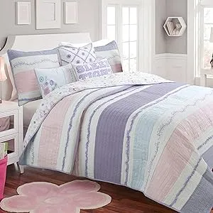 Lavender Blue Pink Ruffles Girl 100% Cotton Reversible Quilt Bedding Set, Coverl