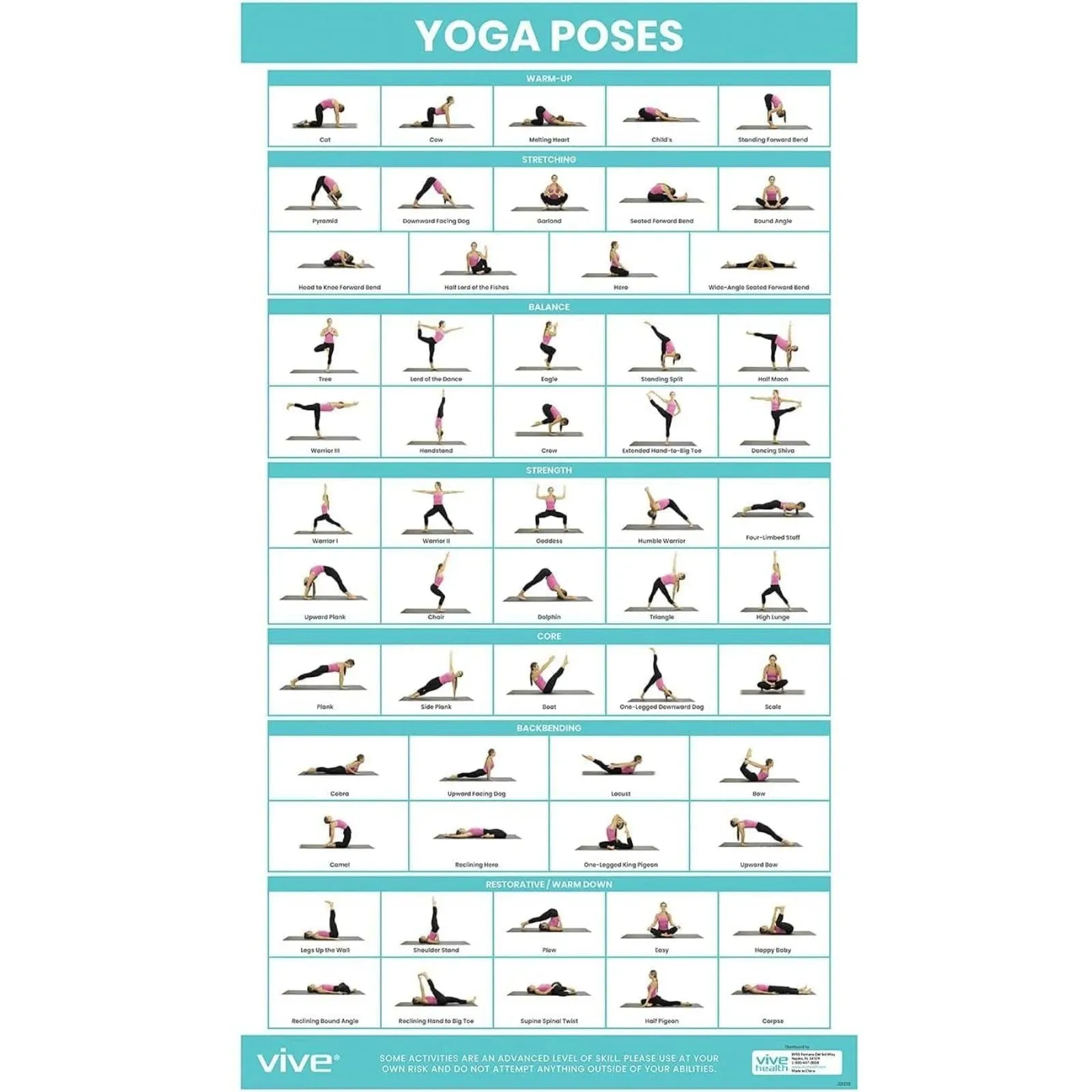 Vive Health Yoga Poster, 57 Poses, Laminated Finish