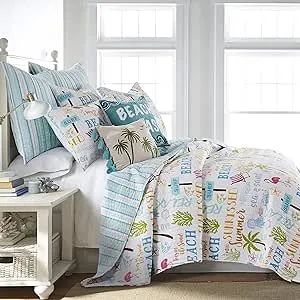 by Levtex Home - Beach Days Quilt Set - King Quilt (106x92in.) + Two King Pillow Shams (36x20in.) - Coastal Beach - Teal Blue Yellow Green Brown Pink - Reversible - Cotton Fabric