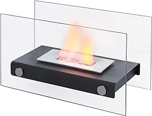 Danya B. Rectangular Tabletop Smokeless Fireplace with Clear Glass Panels, Indoor/Outdoor Use, Ventless, Portable, 7.5" H x 6.75" D x 13.25" W, Modern Matte Black Metal Fire Pit, Bio-Ethanol Fuel