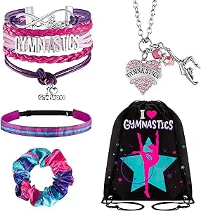 Dunzy 5 Pcs Gymnastics Gifts Gymnastics Drawstring Bag Gymnastics Stuff Gymnastics Headband Gymnastics Bracelet Gymnastics Necklace Gymnastics Scrunchies Gymnast Party Favors for Ages 14 and Older