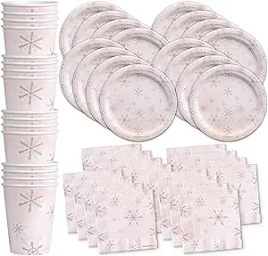 Pink Snowflake Birthday Party Tableware Kit For 16 Guests