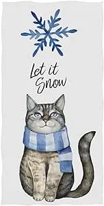 Pfrewn Cat with Scarf Blue Snowflake Hand Towels 16x30 in White Bathroom Towel, Let is Snow Winter Ultra Soft Highly Absorbent Guest Towel for Hand,Face,Gym and Spa Xmas Christmas Bathroom Decor