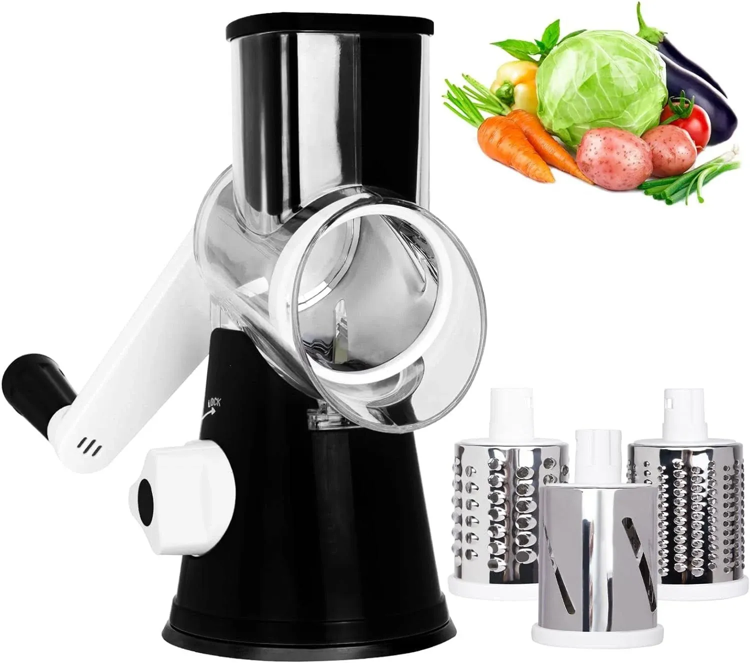 Cheese Grater Rotary Cheese Shredder Grater for Kitchen Cheese Grater with Handle Potato Slicer Vegetable Chopper with Suction Base, Black