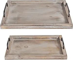 BESTi Rustic Vintage Food Serving Trays Set of 2 | Nesting Wooden Board with Met