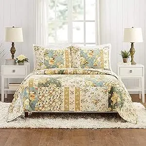 MODERN HEIRLOOM Floral Patch Vintage Quilt with 2 Shams, Patchwork Printed 3-Piece All Seasons Quilt Set, Lightweight Coverlet Set, Full/Queen