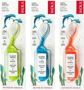 RADIUS Kidz Toothbrush Children's Right Hand BPA Free ADA Accepted Designed to Clean Teeth & Gums for Children 6 Years & Up - Green Blue Orange - Pack of 3