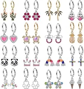 Aganippe 12/16 Pairs Hypoallergenic Acrylic Dangle Hoop Earrings Cute Multiple Colour Fox Flower Flag Panda Pineapple Beetle Fruits Food Cartoon