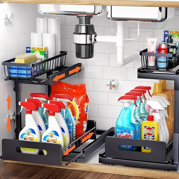 2 Packs Under Sink Organizer, 2 Tier Under Sink Organizers and Storage,Slide Out Pull Out Kitchen Cabinet Organizer,Sliding Drawer Metal Height Adjustable Shelf for Bathroom Organization Rack